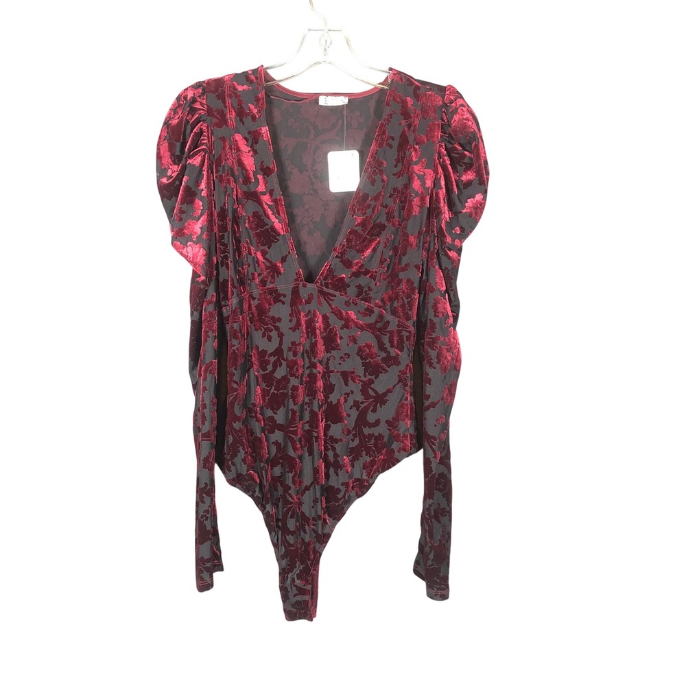 Free People Bodysuit Womens M Red Velvet Burnout Puff Sleeve‎ OB1570815